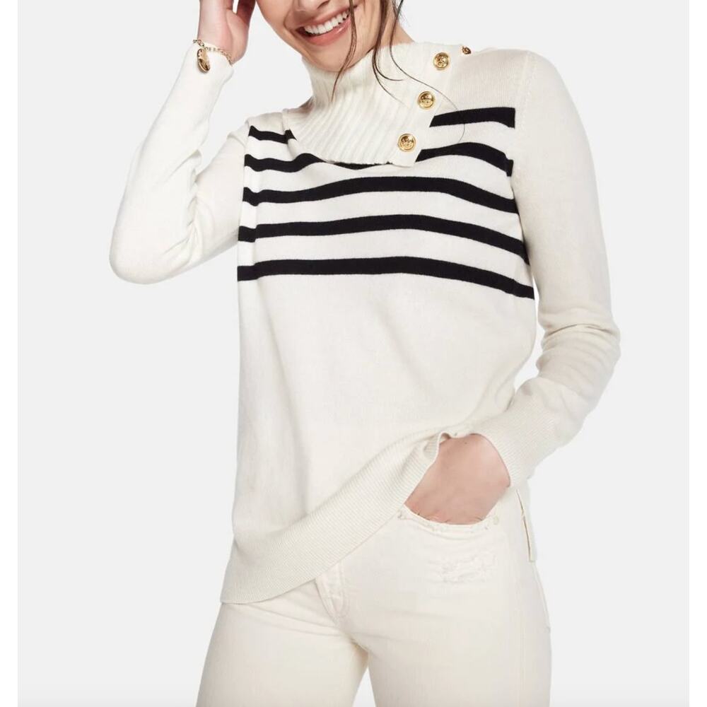 NEW Tory Burch Sandra Cream Striped Turtleneck Cowl Cashmere Sweater Size Small